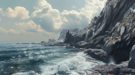 Fototapeta premium A rocky coastline with waves crashing against the cliffs