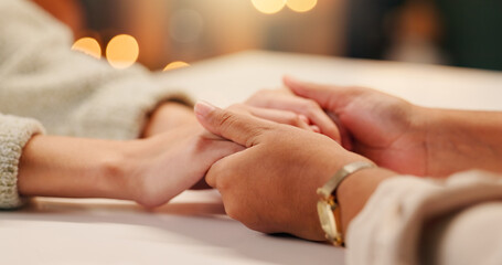 Empathy, holding hands and friends in house with help for depression, anxiety or divorce stress,...