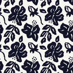 Monochrome black and white brush strokes inky hibiscus flowers seamless pattern. Abstract tropical floral contemporary background. © akini