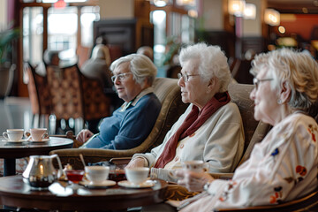 Senior friends relaxing in a hotel lobby, enjoying tea and conversation