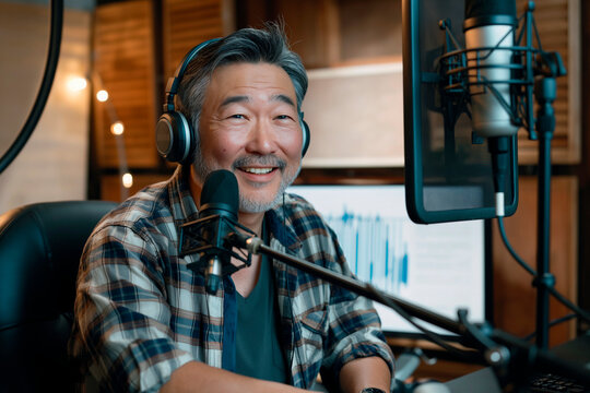 Happy asian middle aged man podcaster in headphones using microphone while broadcasting from studio - Powered by Adobe