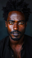 Obraz premium Intense Headshot of Handsome Afro Man with Piercing Eyes, Wearing Dark Shirt, Studio Lighting, Confident Expression, Portrait Photography
