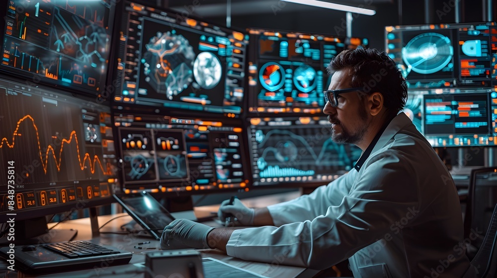 Poster scientist analyzing data and advanced technology in high tech lab