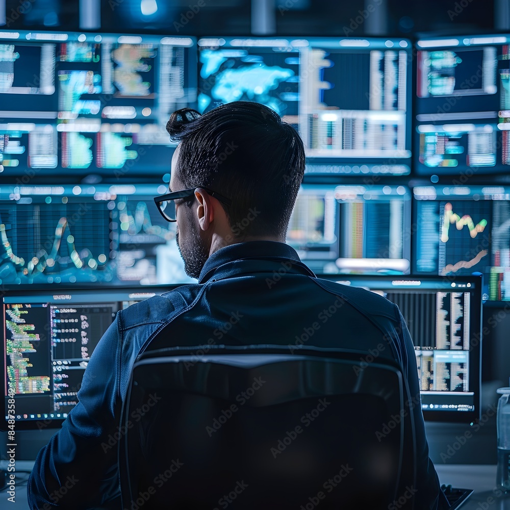 Aufkleber cybersecurity specialist monitoring threats on multiple computer screens in technology concept