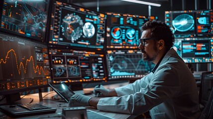 Scientist Analyzing Data and Advanced Technology in High Tech Lab