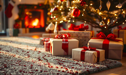 Christmas Gift Boxes with Red Ribbons Under Festive Decorated Fir Tree by Cozy Fireplace in Living Room, Holiday Atmosphere and Winter Festivities, Present Ideas, Indoor Seasonal Scene, Warm Lighting
