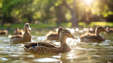 Fototapeta premium Flock of Ducks Swimming in Peaceful Farm Pond with Green Countryside Backdrop
