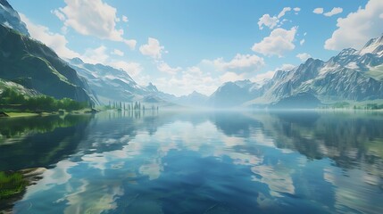  A serene lake with a reflection of the surrounding mountains