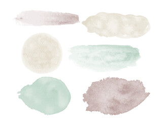 Pastel Watercolor blots backgrounds bundle. Brush stroke abstract shapes set. Paint stain wallpapers collection.
