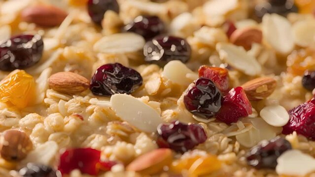 An extreme closeup of a sful of cold congealed oatmeal displaying the thick hardtoothed texture and individual pieces of dried fruit and nuts tered within.