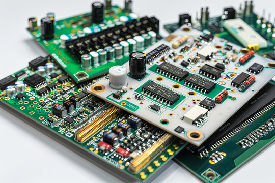 Assorted printed circuit boards with various components on white background