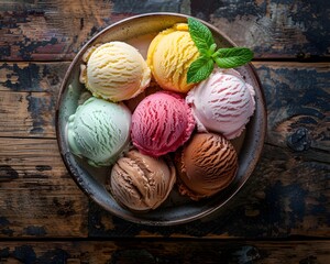 Tempting Assortment of Artisanal Ice Cream Scoops in a Rustic Wooden Bowl