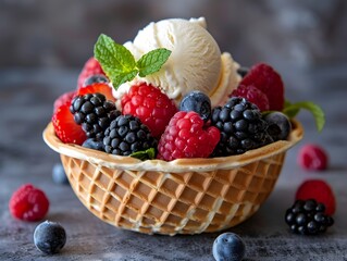 Mouthwatering Ice Cream in a Waffle Bowl with Fresh Berries and Mint Leaves Elegant Presentation