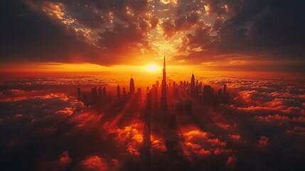 Luxurious dubai city center skyline with impressive skyscrapers at sunrise, united arab emirates
