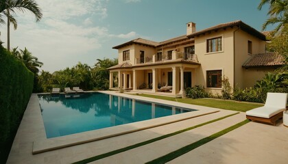 Fototapeta premium Luxurious villa with swimming pool during cloudy sunset in Bali