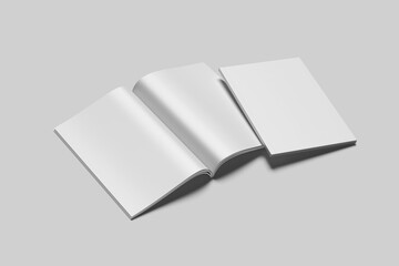 Blank cover and opened A4 magazine mockup high-angle view