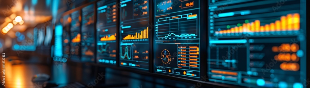 Poster computer monitor showing an abstract network monitoring dashboard with real-time data analytics, gra