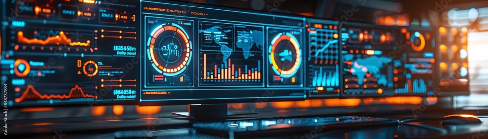 Poster computer monitor showing an abstract network monitoring dashboard with real-time data analytics, gra