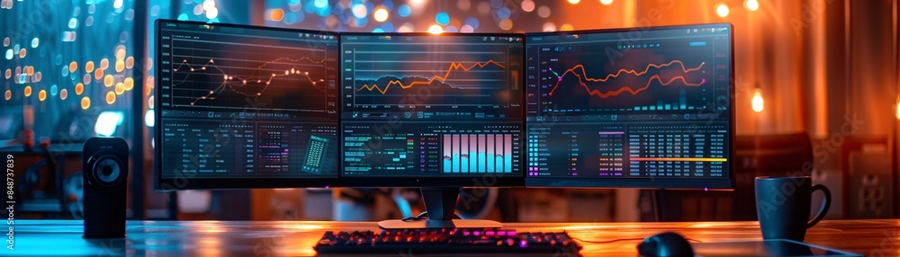 Poster computer monitor showing an abstract network monitoring dashboard with real-time data analytics, gra