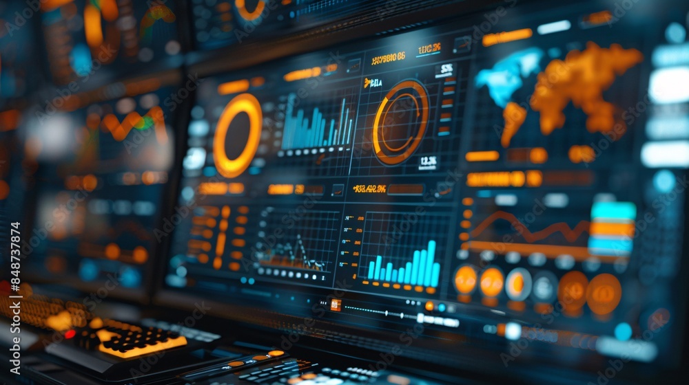 Poster computer screen featuring an abstract network monitoring dashboard with real-time data analytics, gr