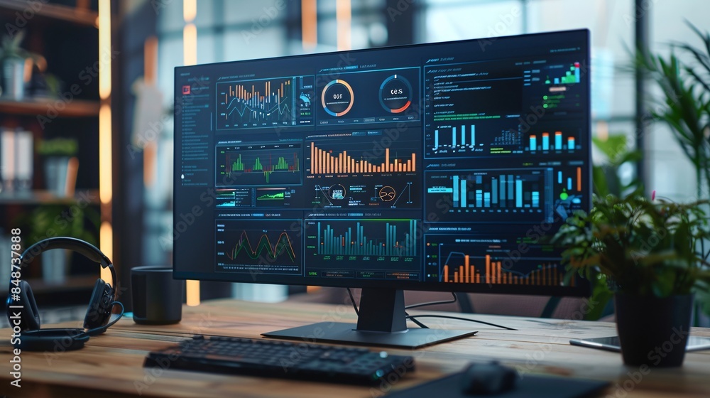 Poster computer screen featuring an abstract network monitoring dashboard with real-time data analytics, gr