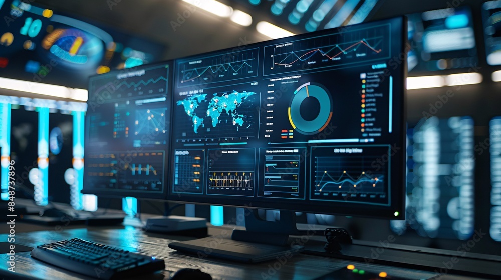 Poster computer screen featuring an abstract network monitoring dashboard with real-time data analytics, gr
