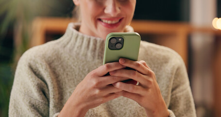 Phone, search and hands of woman in house with social media, information or online gossip, chat or...