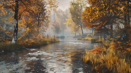  A serene river with autumn foliage on the banks