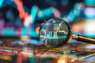 Magnifying glass on stock market charts and financial graphics for analysis