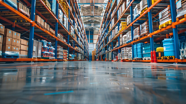 Huge distribution warehouse with high shelves