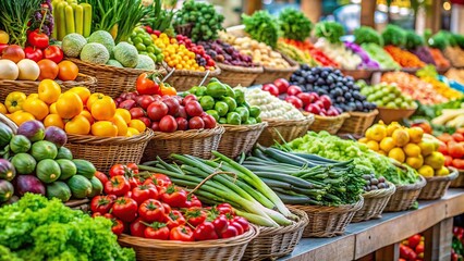 Variety of fresh fruits and vegetables on display at a farmers market , healthy, organic, colorful, assortment, market