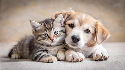 Puppy and Kitten Cuddled Up in Perfect Harmony