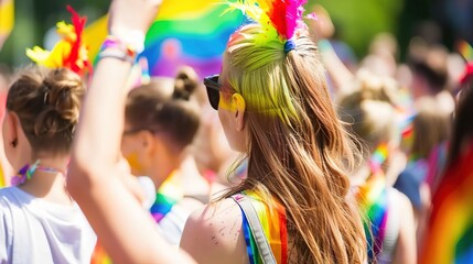 Obraz premium Happy woman in Rainbow Clothing Celebrating LGBTQ+ Pride Month with Vibrant Colors and Festive Atmosphere. Celebration Embracing Diversity, Love, and Equality. Pride month LGBTQ+ inclusion concept