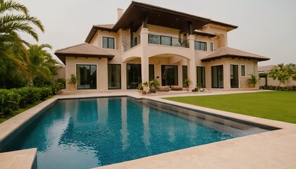 Fototapeta premium Luxurious villa with swimming pool during cloudy sunset in Bali
