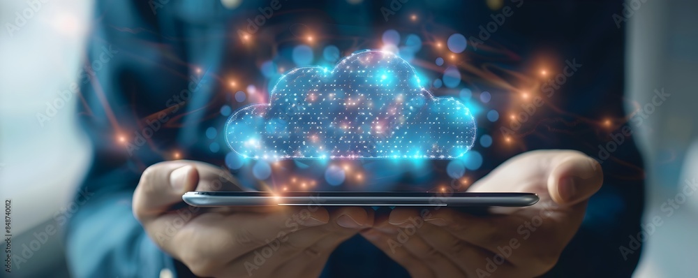 Poster hands holding tablet with cloud icons representing modern data accessibility