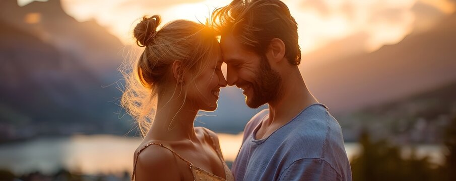 Loving couple embracing at sunset with mountain landscape backdrop