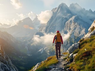 Determined Hiker Traversing Steep Mountain Path with Breathtaking Backdrop