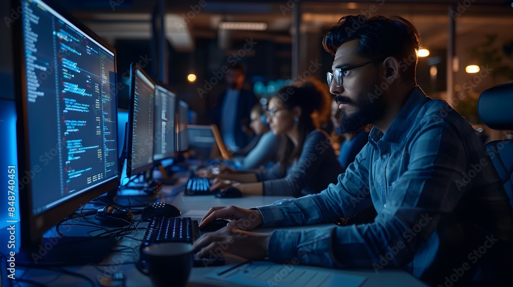 Poster focused team of developers collaborating on cutting edge technology in high tech office