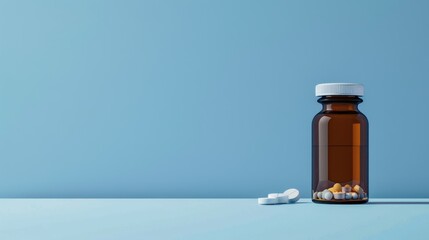 Blue background with medicine bottle and space for label Healthcare medications with room for writing Wellness