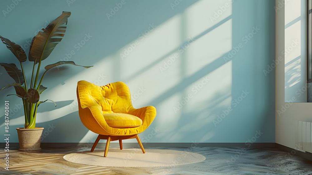 Poster Colorful armchair on empty wall retro modern interior style