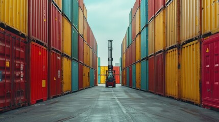 Fototapeta premium Container handlers lift colorful containers in a shipping yard with space for text, depicting logistics in import-export and freight transportation