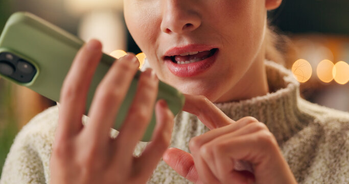 Woman speaking, smartphone and home for voice note, recording and speaker or mic on mobile app or tech. Phone call, communication and audio message in apartment, voicemail and speech conversation