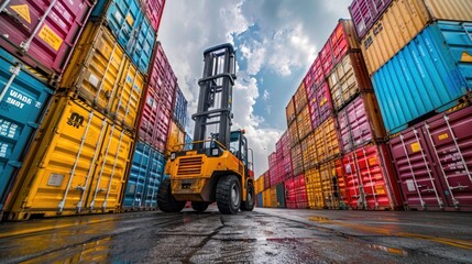 Container handlers lift colorful containers in a shipping yard with space for text, depicting logistics in import-export and freight transportation