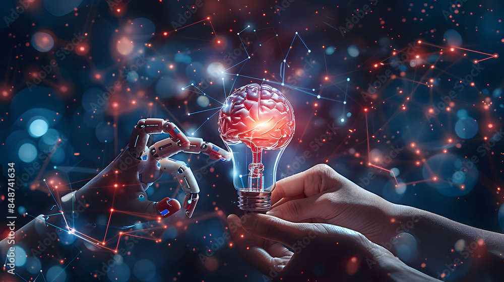 Poster machine learning, hands of robot and human touch on big data network, brain data creative in light b