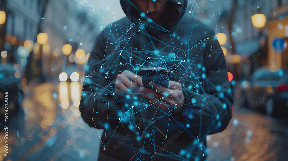 Poster man using mobile smart phone with global network connection, technology, innovative and communicatio
