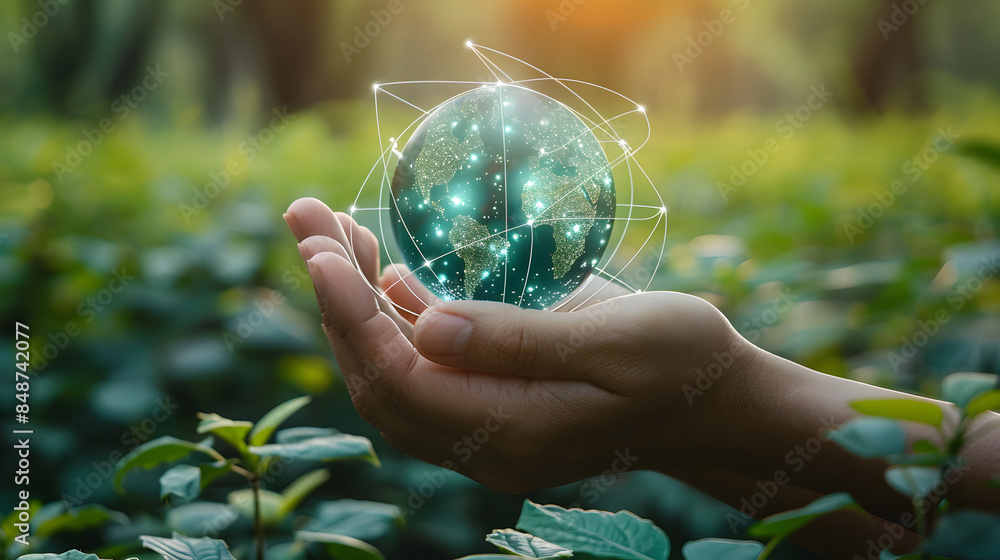 Poster man hands holding global network and data customer connection on nature background