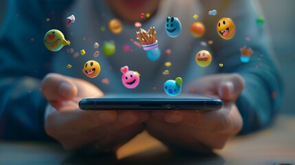 Person holding smartphone with colorful emojis emanating from screen in vibrant animated display