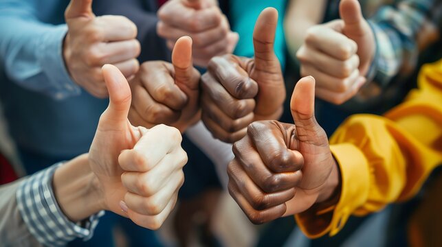 Multiracial hands giving thumbs up, symbolizing unity, approval, and teamwork in a diverse community