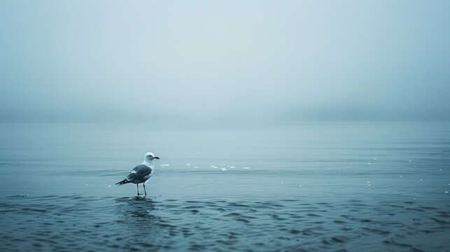 Lonely seagull perched by the ocean on a dismal day