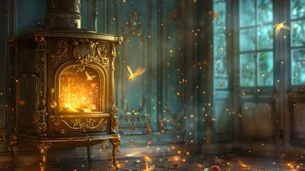 Magical Stove with Glowing Fireflies in Ornate Rococo Interior Ambience